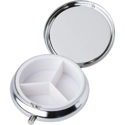 Metalowy pojemnik na tabletki z 3 przegrodami lusterko kolor srebrny Metalowy pojemnik na tabletki z 3 przegrodami lusterko kolor srebrny